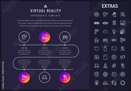 Virtual reality timeline infographic template, elements and icons. Infograph includes years, line icon set with virtual reality glasses, vr technology, video game, cloud computing, global network etc.