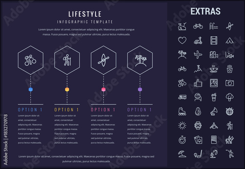 Lifestyle options infographic template, elements and icons. Infograph includes line icon set with healthy and fast food, sport exercise, training machine, leisure activities, transport vehicle etc.