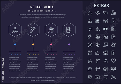 Social media options infographic template, elements and icons. Infograph includes line icon set with tv set, network connection, electronic mail, internet technology, organization chart, cellphone etc