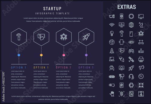 Startup options infographic template, elements and icons. Infograph includes four options, line icon set with startup rocket, business launch, network technology, internet connection, satellite etc.