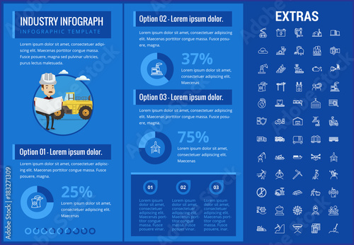 Industry infographic template, elements and icons. Infograph includes customizable graphs, charts, line icon set with mining equipment, fossil fuel, manufacturing industry, nuclear power plant etc.