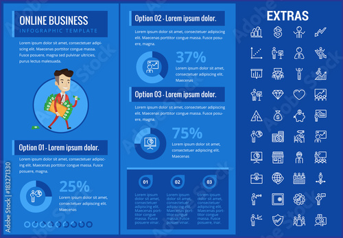 Online business infographic template, elements and icons. Infograph includes customizable graphs, charts, line icon set with stack of money, online market, business worker, mobile shop etc.