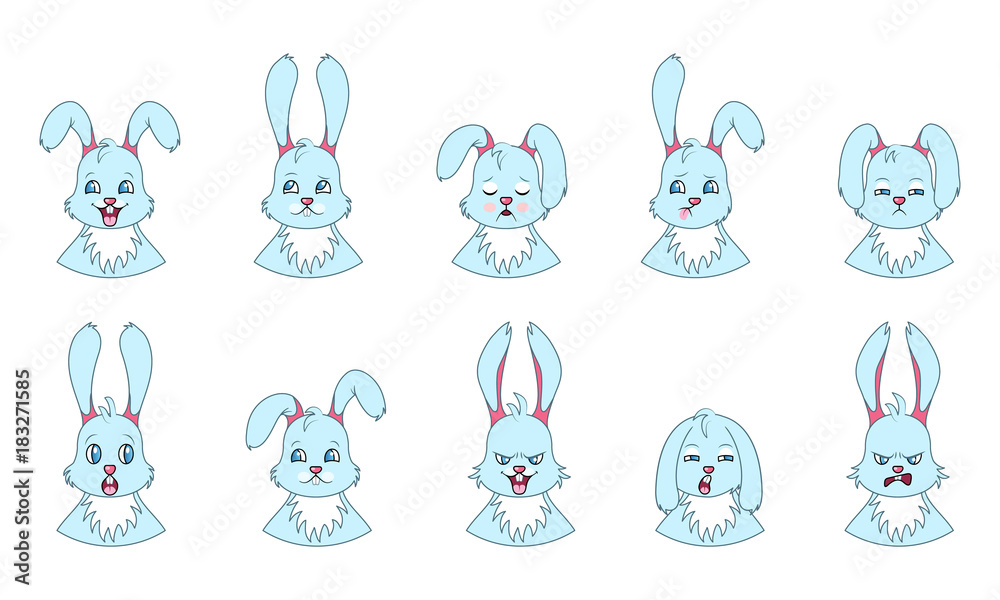 Heads of Rabbit with Different Emotions - Smiling, Sad, Anger, Aggression, Drowsiness, Fatigue, Malice, Fear