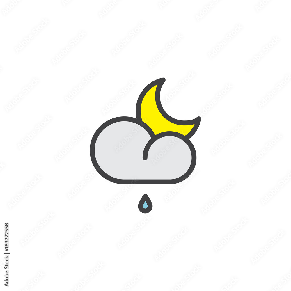 Rainy cloud and crescent moon filled outline icon, line vector sign, linear colorful pictogram isolated on white. Rain night weather symbol, logo illustration. Pixel perfect vector graphics Rainy cloud and crescent moon filled outline icon, line vector sign, linear colorful pictogram isolated on white. Rain night weather symbol, logo illustration. Pixel perfect vector graphics