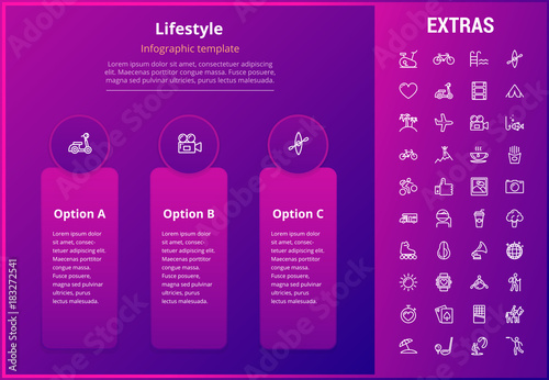 Lifestyle options infographic template, elements and icons. Infograph includes line icon set with healthy and fast food, sport exercise, training machine, leisure activities, transport vehicle etc.