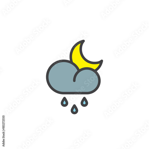 Rainy cloud and crescent filled outline icon, line vector sign, linear colorful pictogram isolated on white.  Night rain weather symbol, logo illustration. Pixel perfect vector graphics