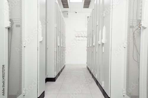 White Server Room Network/communications server cluster in a server room