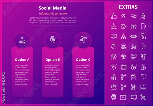 Social media options infographic template, elements and icons. Infograph includes line icon set with tv set, network connection, electronic mail, internet technology, organization chart, cellphone etc