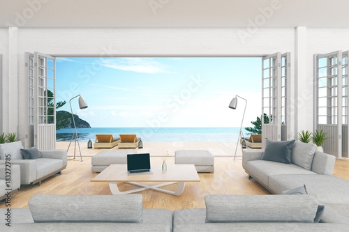 3d rendering : illustration of interior living room and swimming pool in house or resort. Beach living with Sea view. white modern interior furnish decoration style. soft light color picture style