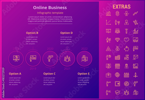 Online business options infographic template, elements and icons. Infograph includes line icon set with money, online market, business person, mobile shop, global network, marketing analytics etc.