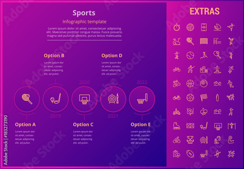 Sports options infographic template, elements and icons. Infograph includes line icon set with sport equipment, sports field, competitive games, pedestal, leisure activities, training exercise etc.