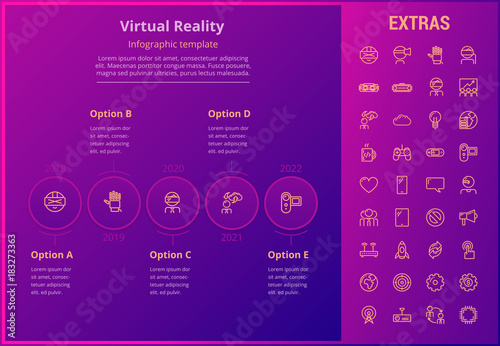 Virtual reality options infographic template, elements and icons. Infograph includes line icon set with virtual reality glasses, vr technology, video game console, cloud computing, global network etc.