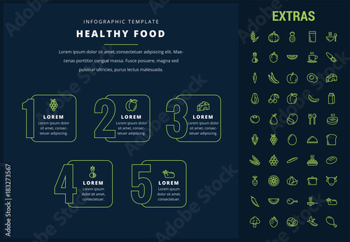 Healthy food options infographic template, elements and icons. Infograph includes line icon set with food plate, restaurant meal ingredients, eat plan, healthy fruits and vegetables, milk product etc.