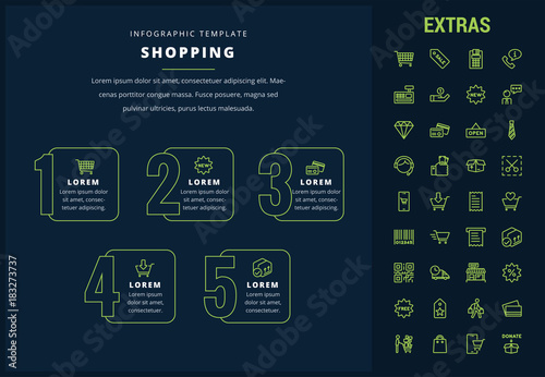 Shopping options infographic template, elements and icons. Infograph includes line icon set with shopping cart, online store, mobile shop, price tag, retail business, cash machine, credit card etc.