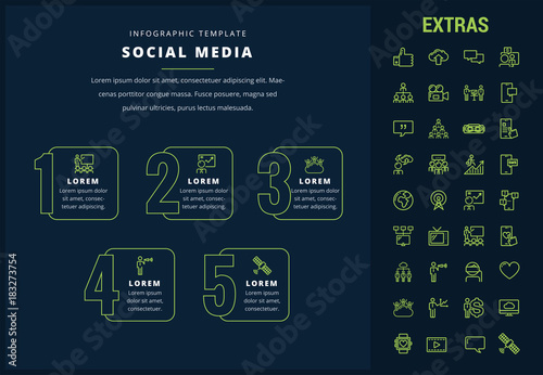 Social media options infographic template, elements and icons. Infograph includes line icon set with tv set, network connection, electronic mail, internet technology, organization chart, cellphone etc