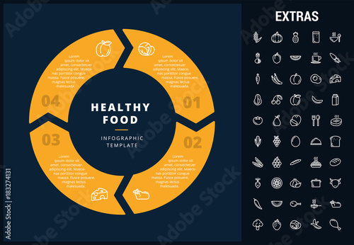 Healthy food infographic template, elements and icons. Infograph includes customizable circular diagram, line icon set with food plate, restaurant meal ingredients, eat plan, vegetables, meat etc.