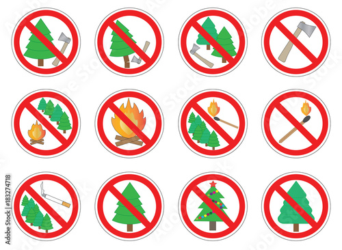 Set of prohibition signs of action in forest, vector
