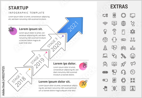 Startup timeline infographic template, elements and icons. Infograph includes stages with years, line icon set with startup rocket, business launch, network technology, internet connection etc.