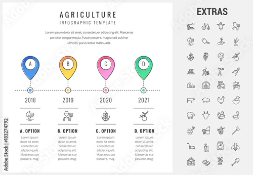 Agriculture timeline infographic template, elements and icons. Infograph includes options with years, line icon set with agriculture organic food, farm animal, agricultural business, farming tools etc