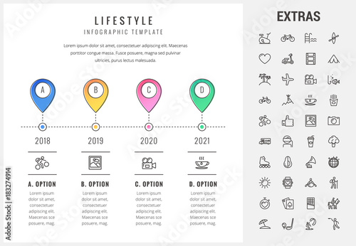Lifestyle timeline infographic template, elements and icons. Infograph includes options with years, line icon set with healthy and fast food, sport exercise, training machine, leisure activities etc.