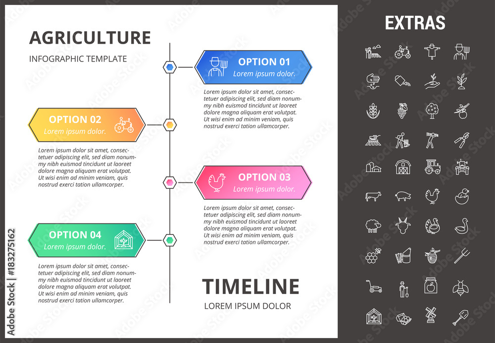Fototapeta premium Agriculture timeline infographic template, elements and icons. Infograph includes options with years, line icon set with agriculture organic food, farm animal, agricultural business, farming tools etc