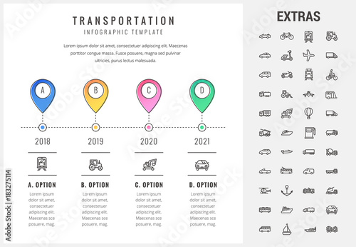 Transportation timeline infographic template, elements and icons. Infograph includes options with years, line icon set with transport vehicle, truck trailer, airplane flight, construction vehicles etc