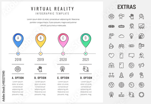 Virtual reality timeline infographic template, elements and icons. Infograph includes options with years, line icon set with virtual reality glasses, vr technology, video game, cloud computing etc.