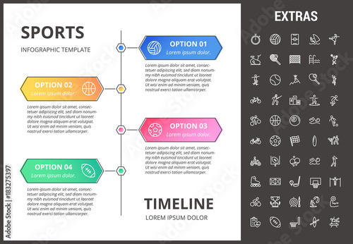 Sports timeline infographic template, elements and icons. Infograph includes options with years, line icon set with sport equipment, sports field, competitive games, pedestal, leisure activities etc.