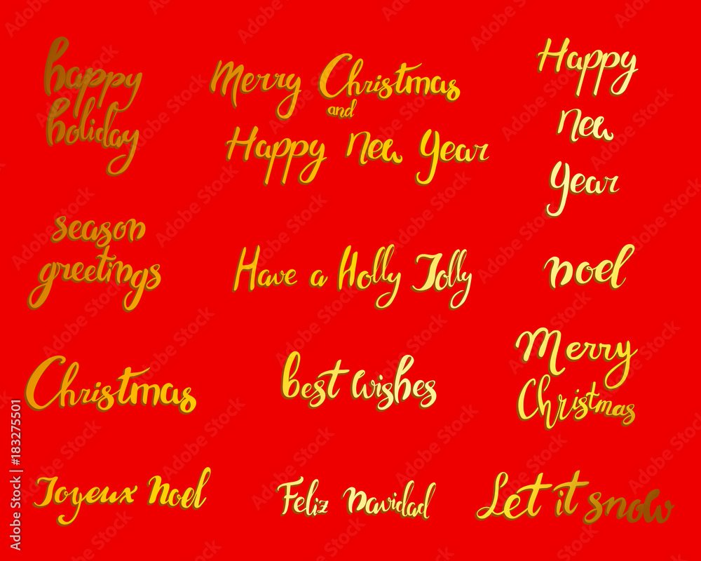 Merry Christmas. Happy New Year, 2018 greeting card. Typography xmas set with hand drawn text and design decoration elements. Vector logo, lettering, emblems for banners, greeting cards, gifts. Gold.