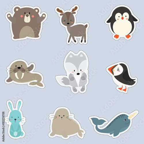 set of sticker with cute animal arctic