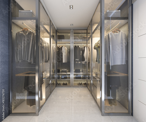 3d rendering modern luxury glass walk in closet with blue decor