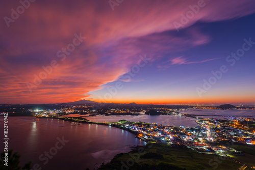 Jeju city skyline and twilight South Korea.