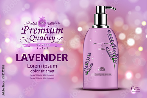 Luxury cosmetic Bottle package skin care cream,Lavender Lotion and gel, Beauty cosmetic product poster, with Bokeh background