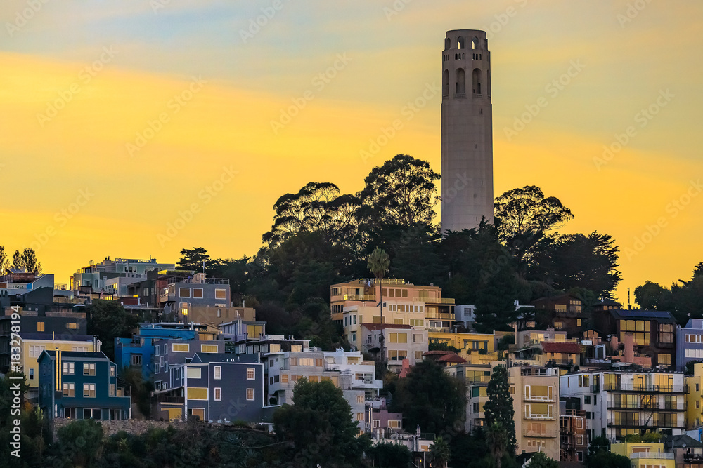 Famous San Francisco Coit Tower on Telegraph Hill at sunset
