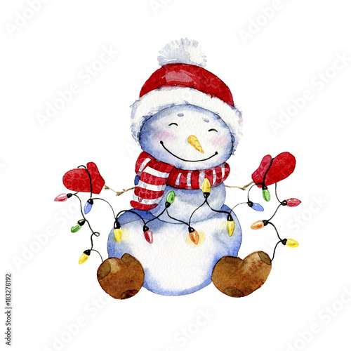 Watercolor cartoon illustration.  Smiling Snowman with Christmas garland