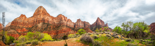 Mountain Range Panorama in Spring at Zion National Park, Utah, USA - Park South Entrance from Springdalle.