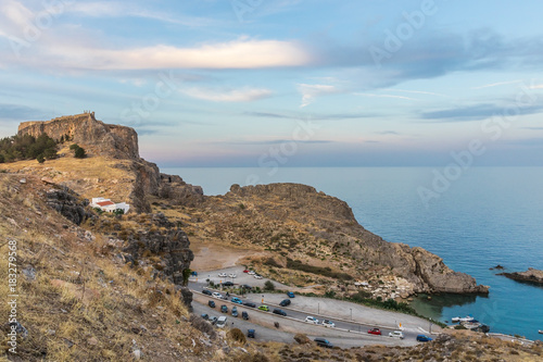 Coastline landscape from the Acropolis in Lindos on the Rhodes Island, Greece