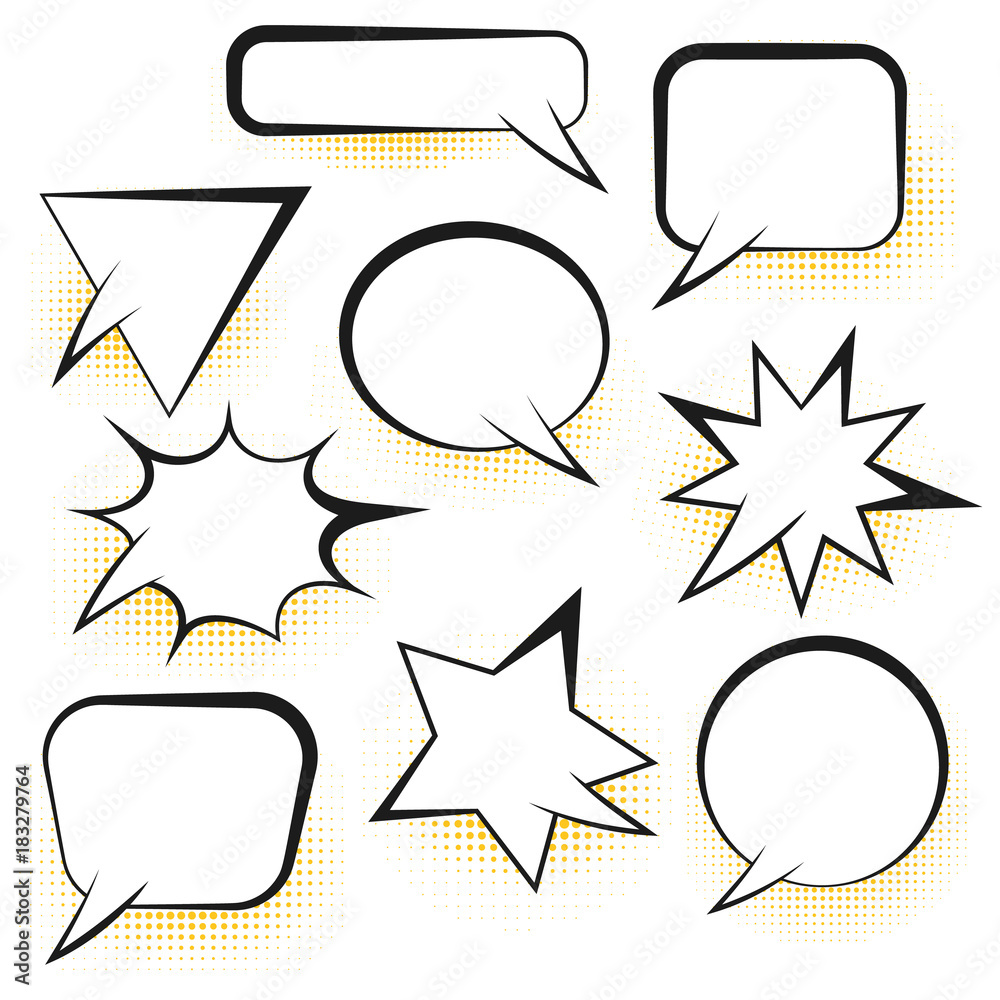 Set of white empty retro comic speech bubbles with colored halftone in ...