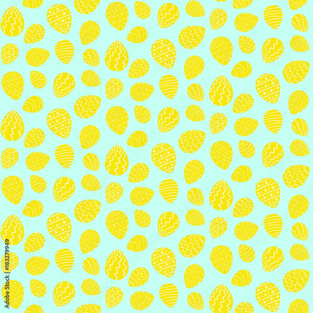 Color Easter seamless pattern with decorated yellow eggs on blue background. Ornamenal bright egg texture for spring Happy Easter package, gift wrapping paper, textile, banners, covers, greeting cards