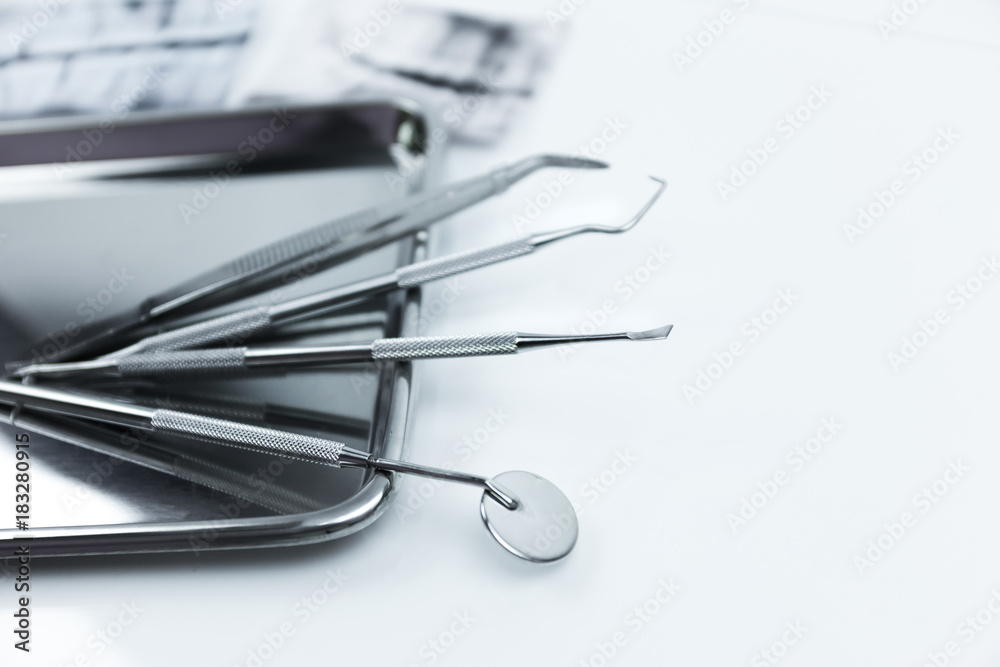 Selective focus Set of dental tools for teech care .