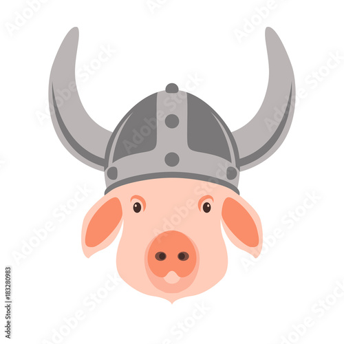 pig in viking helmet vector illustration flat style  front