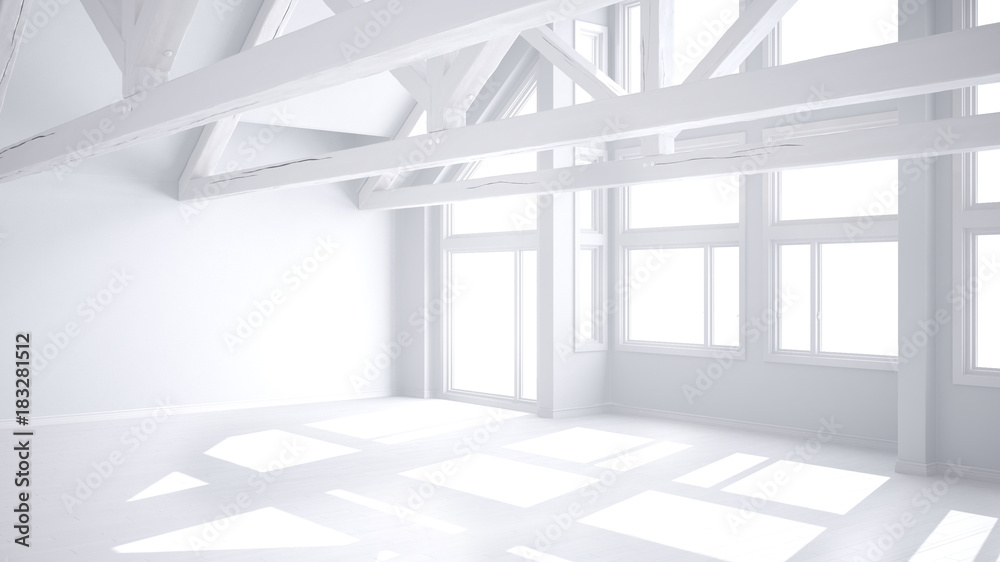 Total white project of empty room in luxury eco house, parquet floor and wooden roof trusses, panoramic window, modern architecture interior design Total white project of empty room in luxury eco house, parquet floor and wooden roof trusses, panoramic window, modern architecture interior design