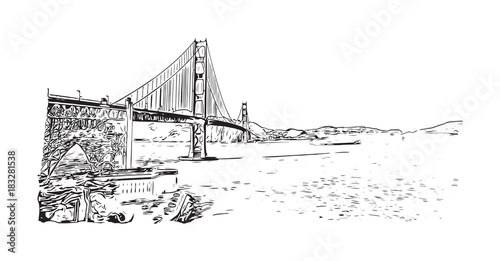 Sketch of The Golden Gate Bridge is a suspension bridge spanning the Golden Gate, the one-mile-wide strait connecting San Francisco Bay and the Pacific Ocean in vector.