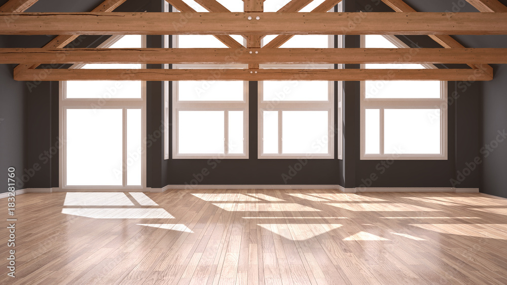 Obraz premium Empty room in luxury eco house, parquet floor and wooden roof trusses, panoramic big windows, modern white and gray architecture interior design