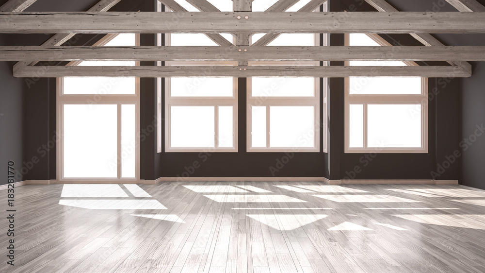Fototapeta premium Empty room in luxury eco house, parquet floor and wooden roof trusses, panoramic big windows, modern white and gray architecture interior design