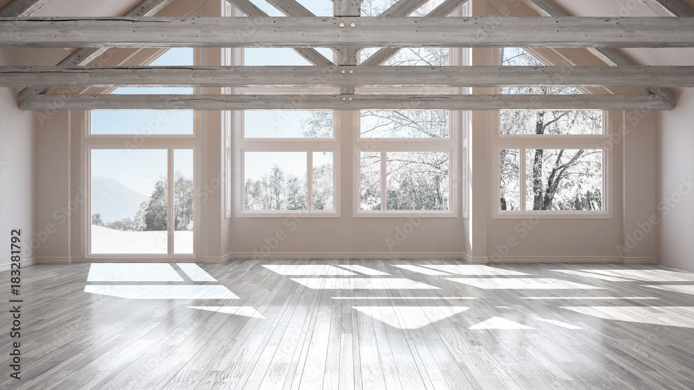 Empty room in luxury eco house, parquet floor and wooden roof trusses, panoramic window on winter meadow, modern white architecture interior design Empty room in luxury eco house, parquet floor and wooden roof trusses, panoramic window on winter meadow, modern white architecture interior design