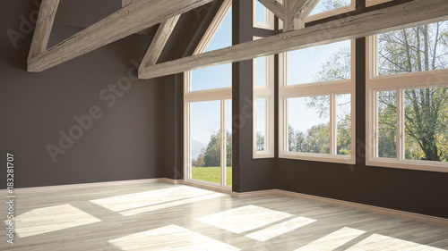 Empty room in luxury eco house, parquet floor and wooden roof trusses, panoramic window on summer spring meadow, modern white and gray architecture interior design