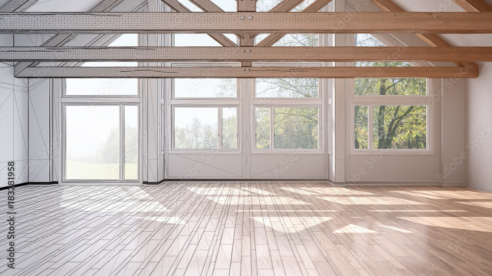 Fototapeta premium Unfinished project of empty room in luxury eco house, parquet floor and wooden roof trusses, panoramic window, modern white architecture interior design