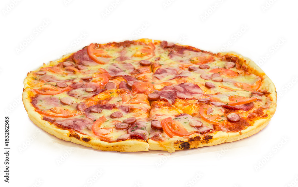 Pizza with different sausages closeup on a white background