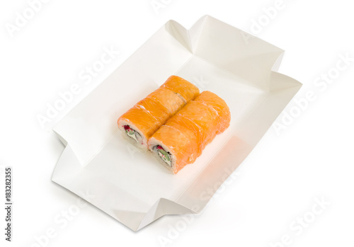 Sushi with salmon in cardboard box for take-out food